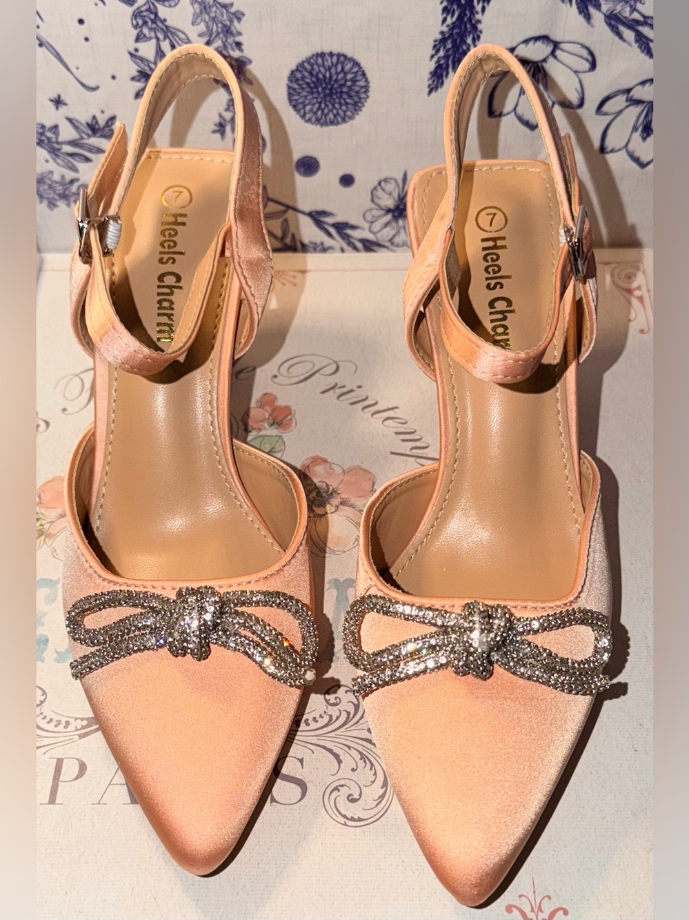 Pink Satin Pointed-Toe Slingback Pumps with Crystal Bow